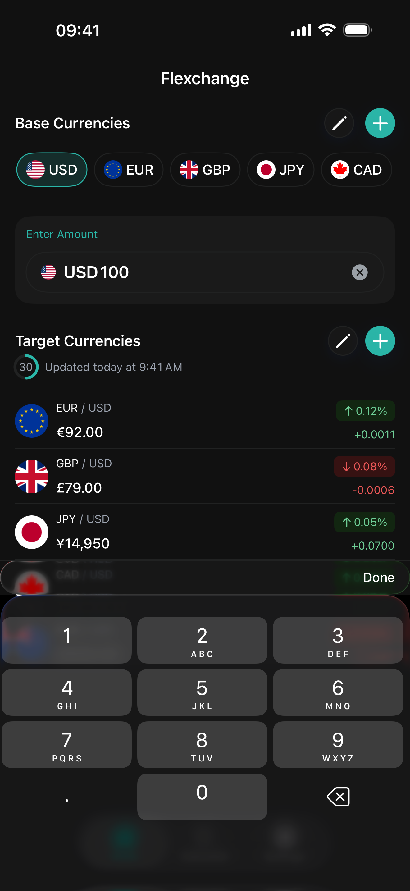Flexchange home screen showing USD base currency and target conversions.