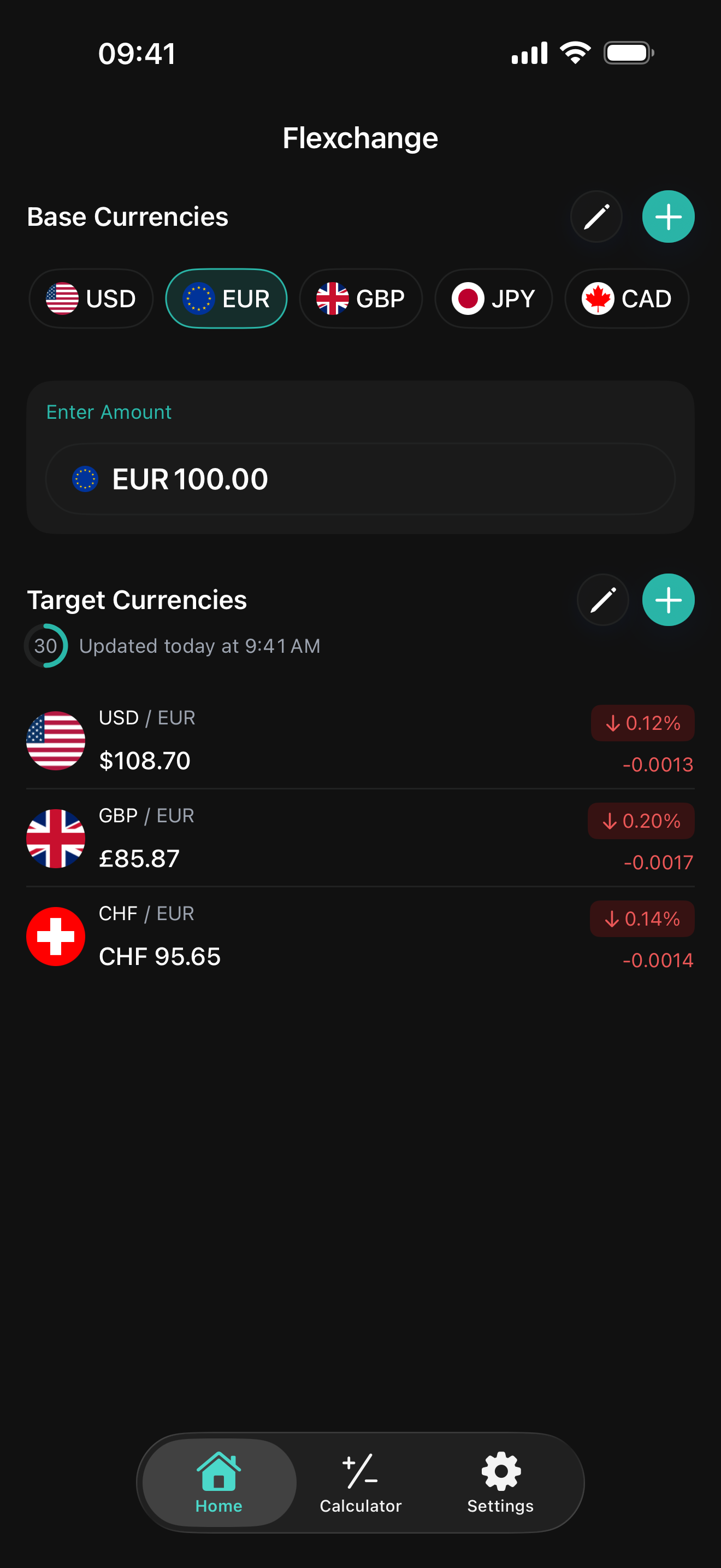 Flexchange with multiple base currencies selected.